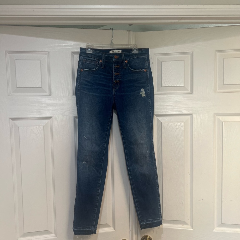 Madewell 10” High Rise Skinny Jeans Eardley Medium Blue Wash distressed size 25‎